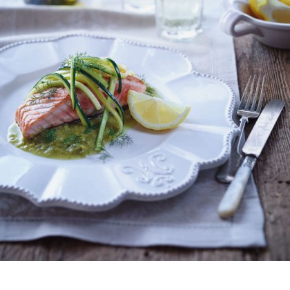 Seared Salmon with Sauteed Zucchini and Asparagus Sauce