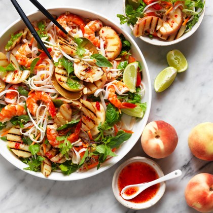 Char-grilled Peach and Prawn Pad Thai Noodle Salad