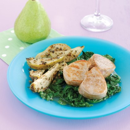 Pan Fried Pears, Pork Medallions and Wokked Spinach