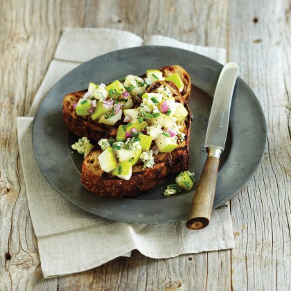Toasted Sourdough with a Salsa of Packham's Triumph Pear, Stilton and Fresh Chives