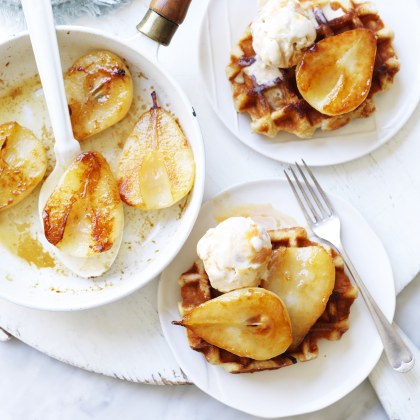 Waffles with Caramel Ice Cream and Pears