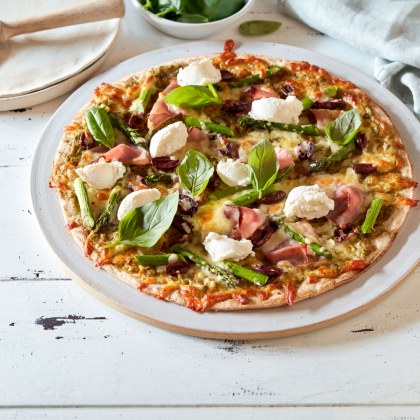 Ham, Olive, Asparagus and Ricotta Pizza