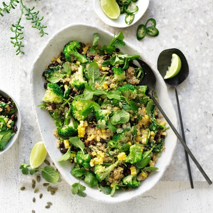 Quinoa pilaf with broccoli, black beans, corn & herbs