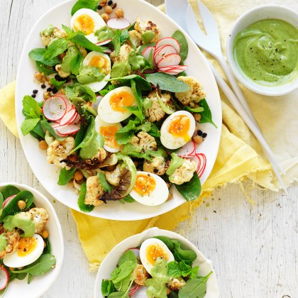 Roast Cauliflower and Egg Salad with Avocado Dressing