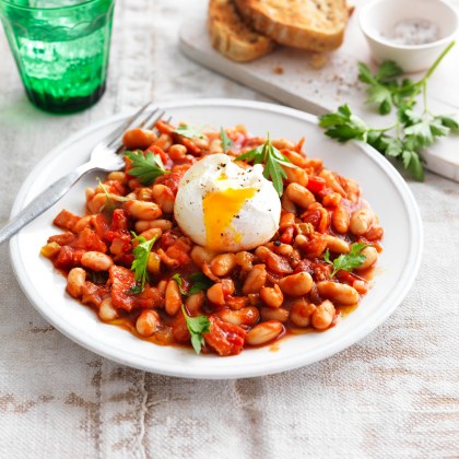 Smoky Baked Beans with Poached Eggs