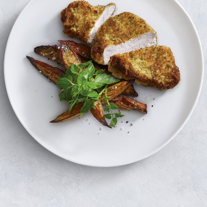 Herb and Parmesan Crumbed Turkey Breast with Sweet Potato and Watercress Salad