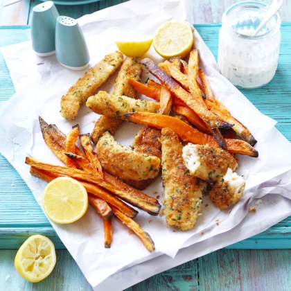 Sweet Potato Fries with Crumbed Fish