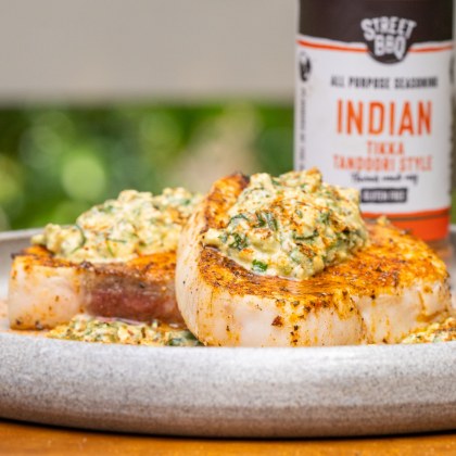 BBQ Grilled Swordfish with Cashew and Coriander Sauce