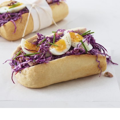 Red Cabbage Slaw with Soft-Boiled Egg on a Baguette