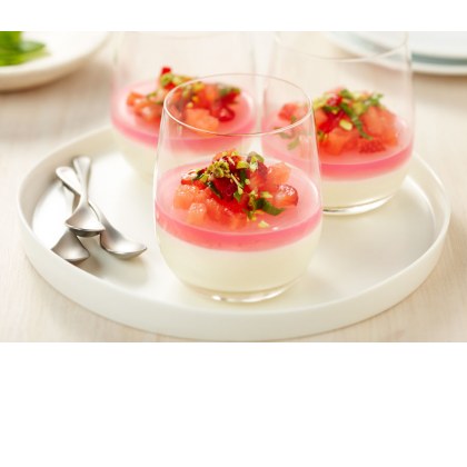 Milk Pudding with Rose Jelly, Watermelon, Strawberry and Mint Salad