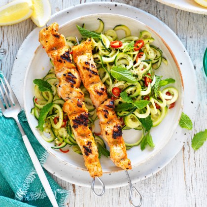 Tuscan chicken skewers with lemon, chilli and mint zoodles