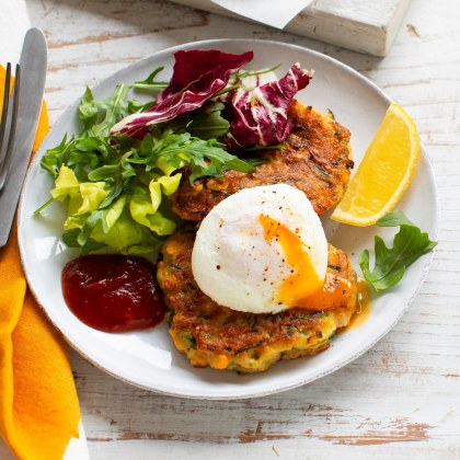 Cheesy Corn and Zucchini Fritters Poached Eggs and Tomato Relish