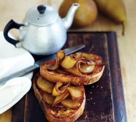 French Toast with Caramelised Beurre Bosc Pears and Maple Syrup