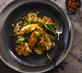 Chargrilled Cauliflower, Chicken and Caramelized Onion Salad