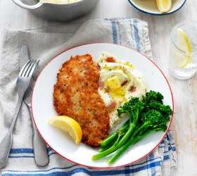 Chicken Schnitzel with Cheese, Bacon and Chive Butter Mash
