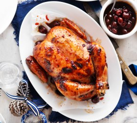 Cherry Roast Chicken with Sage Stuffing and Cherry Sauce