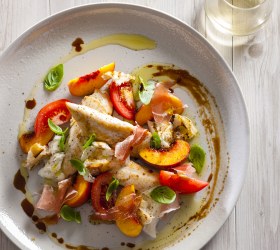 Chicken Tenderloin with Prosciutto, Truss Tomatoes And Peach Salad