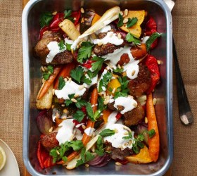 Spiced Lamb and Winter Vegetable Tray Bake with Yoghurt, Pine Nuts and Herbs