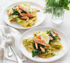 Herb Omelettes with Wilted Spinach and Smoked Fish
