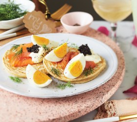 Blinis with Hard Boiled Eggs and Smoked Salmon