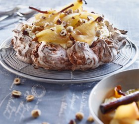 Chocolate Pavlova with Hazelnuts and Pears
