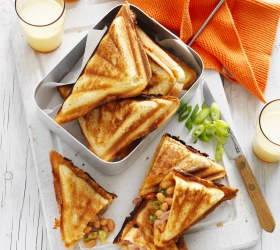 Baked Bean Jaffles with Cheese, Ham and Shallots