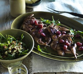 Grilled Butterflied Quail with Red Grapes and Rocket, Feta and Almond Salad