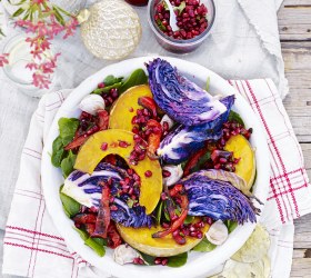 Roasted Red Cabbage and Pumpkin Wedges with Gremolata and Pomegranate Dressing