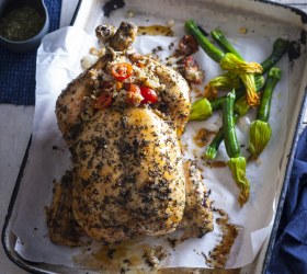 Herb Rub with Onion and Cherry Tomato Stuffing Roast Chicken