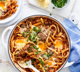 Mushroom Lentil Pasta Ragu with Eggs