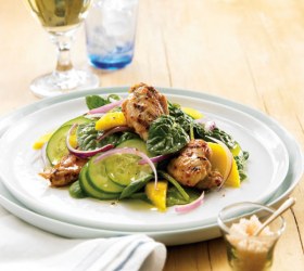 Barbecued Portuguese Quail with Baby Spinach and Mango Salad