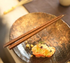 Dilmah Peach Tea, orange-cured ocean trout slice, mascarpone, macadamia nut, sesame crumble, olive jam