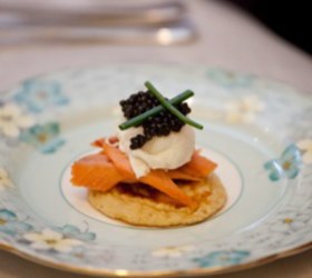 Uda Watte smoked Rainbow Trout, Caviar, Soft-Poached Quail Eggs, Chive Flower