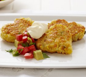 Love Heart Corn and Cheddar Fritters with Tomato Salsa and Sour Cream