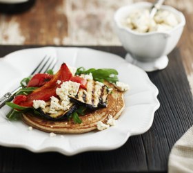 Buckwheat Pancakes with Grilled Vegetables and Feta