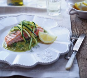 Seared Salmon with Sauteed Zucchini and Asparagus Sauce