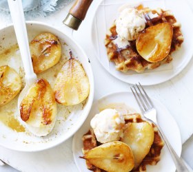 Waffles with Caramel Ice Cream and Pears