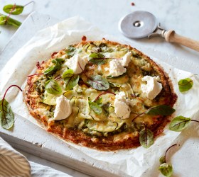 Cauliflower Pizza with Pesto, Summer Veggies and Ricotta
