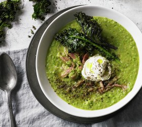 Split Pea and Smoked Ham Soup with Kale Chips