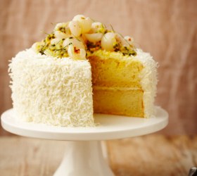 Coconut Lime Cake with Lime Curd and Cream Cheese Frosting, Lychees and Passion Fruit