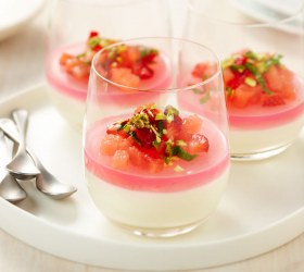 Milk Pudding with Rose Jelly, Watermelon, Strawberry and Mint Salad