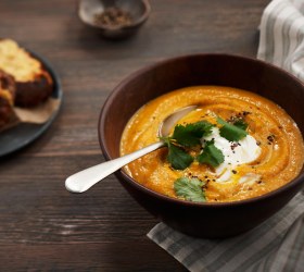 Creamy Carrot and Coriander Soup with Parmesan Toasts