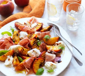 Peach, mozzarella, basil and prosciutto salad
