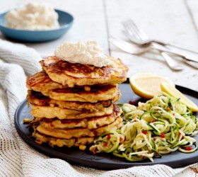 Ricotta, Leek and Corn Fritters with Zucchini Noodles
