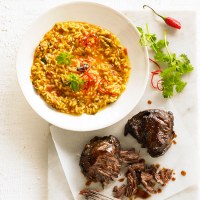 Beef Cheek Risotto with Persian Eggplant Relish