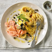 Sous Vide Salmon with Pasta, Crispy Garlic and Lemon Sauce