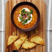 Mexican Tomato and Corn Soup with Tortilla Cheese Chips