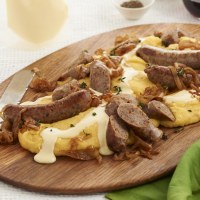 Italian Sausages, Cheesy Polenta and Caramelised Onions