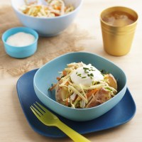 Baked Potatoes with Cheesy Chicken Coleslaw