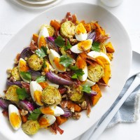 Roasted Pumpkin, Brussel Sprouts and Prosciutto with Egg